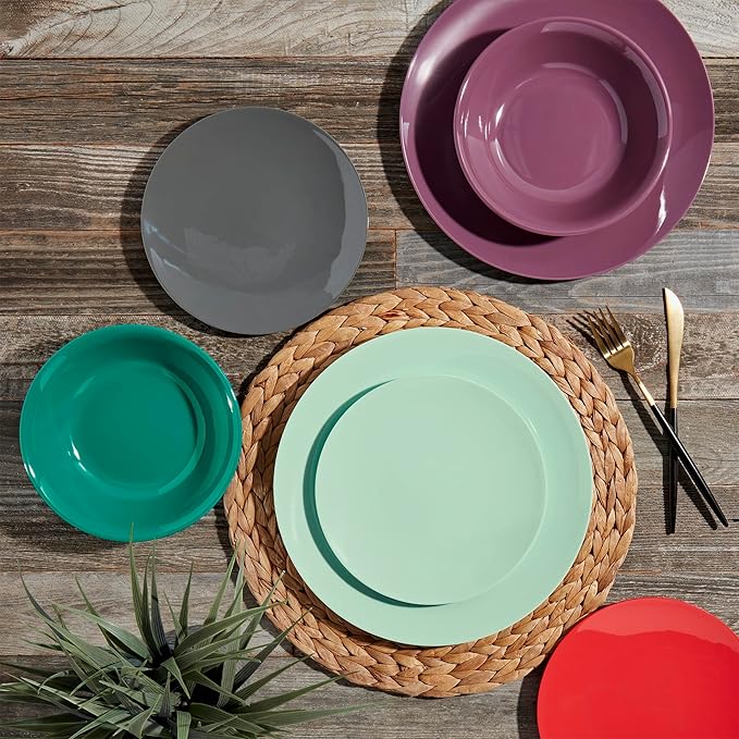 Tabletops Gallery 12 Piece Dark Green Melamine Dinnerware Set Plates Bowls for Indoor Outdoor Use, Service for 4, Emerald