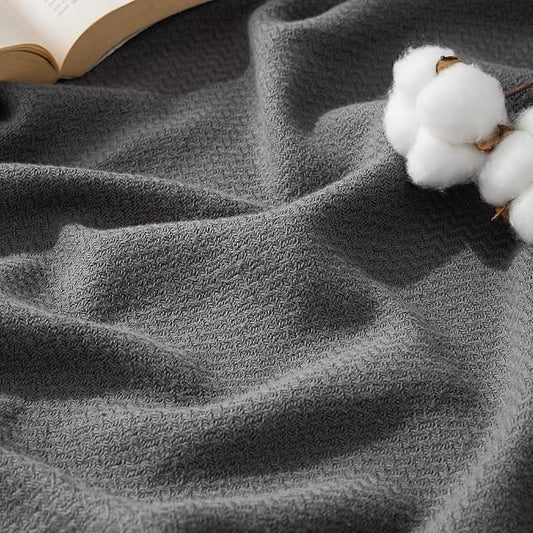 Bedsure 100% Cotton Blanket King Size for Bed - Breathable and Lightweight, Soft Cozy Textured Herringbone Woven Blanket for Summer, Dark Grey, 108x90 inches
