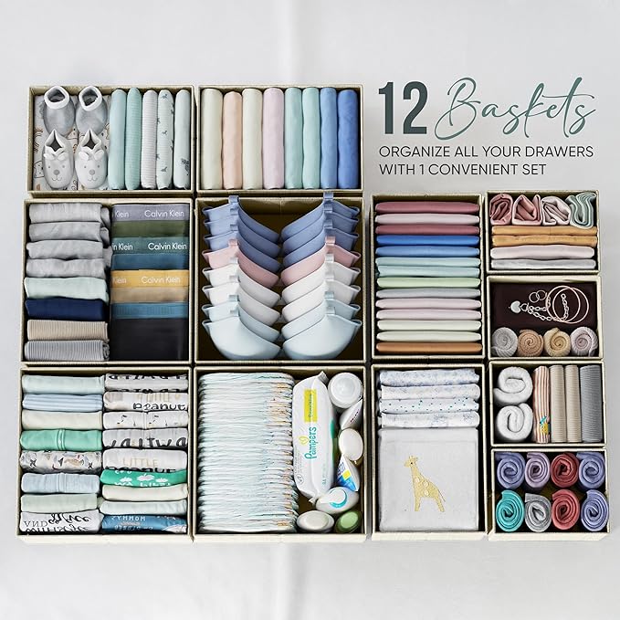 Drawer Organizer Clothes Set of 12 Beige - Dresser Organizer For Nursery, Bedroom, Closet - The Perfect Baby Clothes Organizers and Storage & General Nursery Organization or Dresser Drawer Organizers