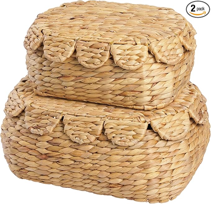 Round Wicker Storage Baskets with Lid, Rattan Basket Decorative Boxes, Woven Storage Box Hyacinth Basket with Lids, Scalloped Edge Wicker Basket with Lid, Set of 2