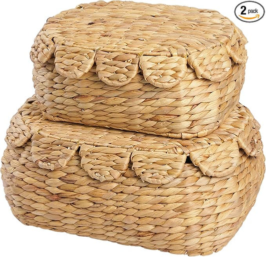 Round Wicker Storage Baskets with Lid, Rattan Basket Decorative Boxes, Woven Storage Box Hyacinth Basket with Lids, Scalloped Edge Wicker Basket with Lid, Set of 2