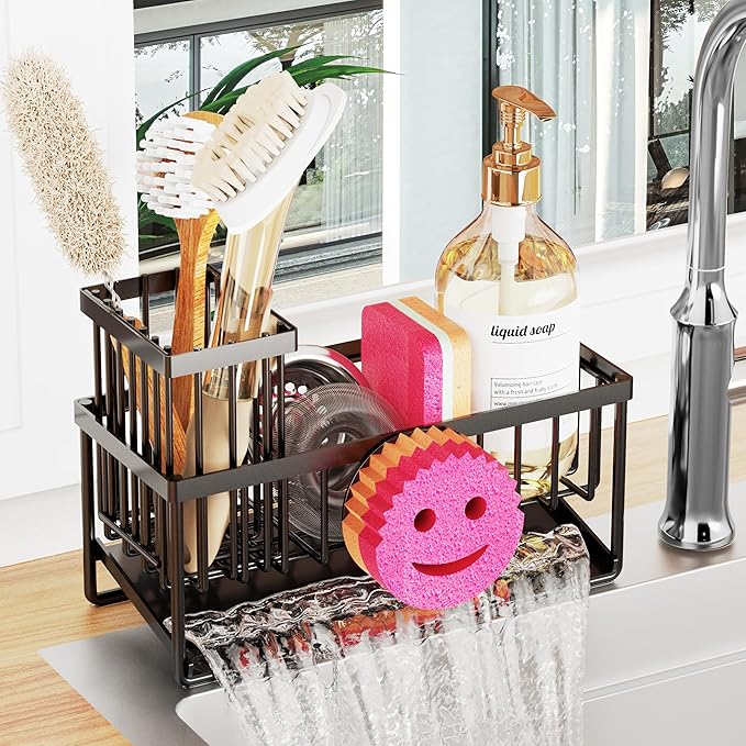 Sponge Holder for Kitchen Sink,Smiley Face Sink Caddy with Removable Brush Holder,Self-Draining Sponge Caddy for Steel Wool Scrubber,Soap,Dish Brush,Scrubber,Kitchen Essentials and Gadgets