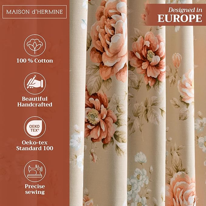 Maison d' Hermine Curtains for Living Room 100% Cotton 96 inch Length One Panel Light Filtering Curtains for Bedroom Windows with Rod and Loop Pockets Drapes (Newburry Melba, 50" W x 96" L)