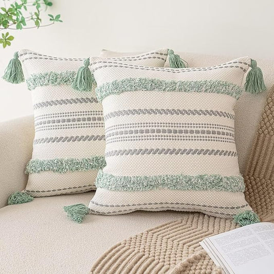 Boho Throw Pillow Covers 20x20 Set of 2 Woven Tufted Farmhouse Pillows Cover with Tassels Textured Striped Cushion Case Neutral Pillow Cases Decorative Pillowcase for Couch, Bed, Light Green