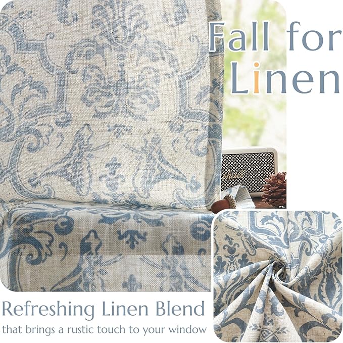 jinchan Linen Curtains for Bedroom Blue Curtains Damask Patterned 84 Inches Long for Living Room Light Filtering Vintage Curtains Baroque Style Drapes Grommet Window Treatments 2 Panels Set
