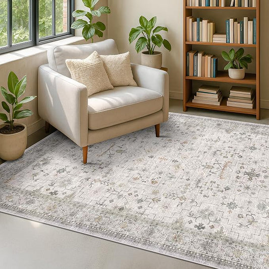 Boho Light Grey 5x8 Living Room Rug - Modern Vintage Eclectic Floral Pastel Neutral Taupe, Washable Low Pile Non-Slip Large Area Rugs for Nursery Dining Under Table Bedroom Lounge