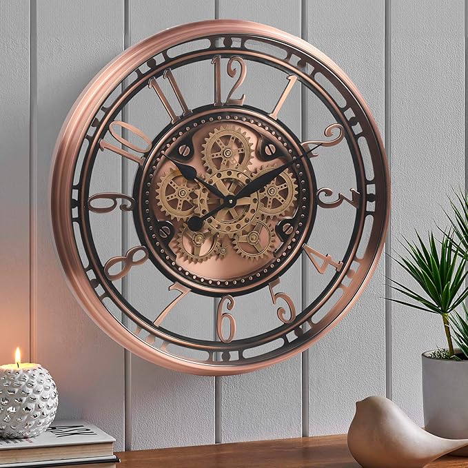 CLXEAST 28 Inch Oversized Large Moving Gear Wall Clock for Living Room Decor,Modern Farmhouse Decorative Wall Clocks Battery Operated,Rose Gold,House Warming Gifts New Home