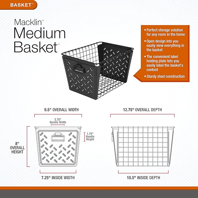 Spectrum Diversified Macklin, Stamped Steel & Wire Basket for Closet & Cubby Storage Vintage-Inspired Design with Customizable Label Plate, Medium, Teal, 1 Count (Pack of 1)