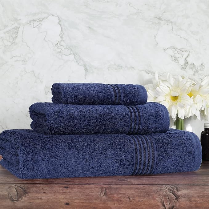 Superior Egyptian Cotton 3-Piece Towel Set, Assorted Towels for Home Bathroom, Master, Guest Bath, Decor Essentials, Includes 1 Bath, 1 Hand, 1 Face Towel/Washcloth, Quick Dry, Absorbent, Navy Blue