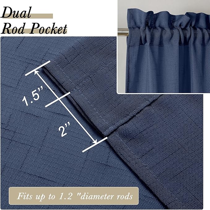 Aiyueng Kirei 2 PCS Faux Linen Navy Blue Kitchen Sheer Curtains 36 inch Length, Soft Lightweight Textured Short Cafe Curtains for Farmhouse Bathroom Bedroom Small Windows, Each 30Wx36L inch, Navy