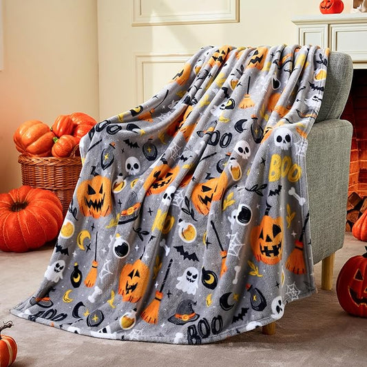 Joiedomi Halloween Throw Blanket - Soft Plush Witch's Hat Bat Ghost Pumpkin Blanket - Cozy Flannel Grey Halloween Decoration for Party Sofa Bed Living Room 50"x60"