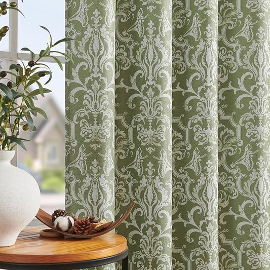 jinchan Room Darkening Curtains for Bedroom Sage Green Damask Patterned Curtains 84 Inch Length for Living Room Linen Textured Vintage Drapes Medallion Window Treatments Grommet Top 2 Panels Set