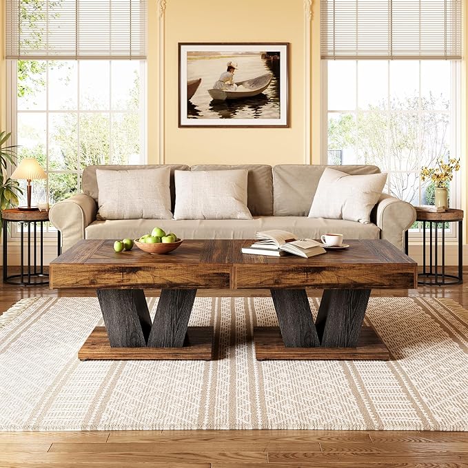 LITTLE TREE Square Coffee Table, Modern Rustic Coffee Table for Living Room, Wooden Table with Adjustable Feet, Brown