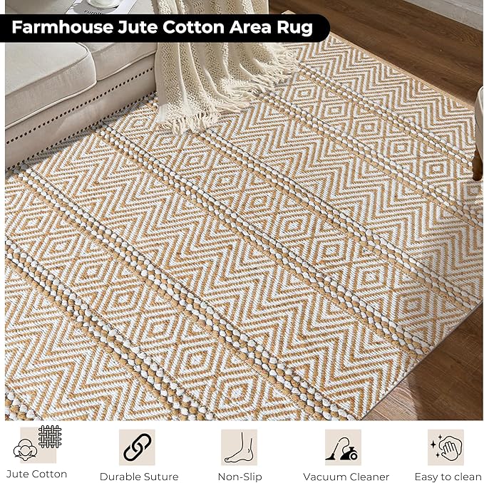 Jute Cotton Stripe Area Rug for Living Room 48x72 Inch - Natural Ivory - Machine Washable 4x6 Feet Rugs - 70% Jute and 30% Cotton