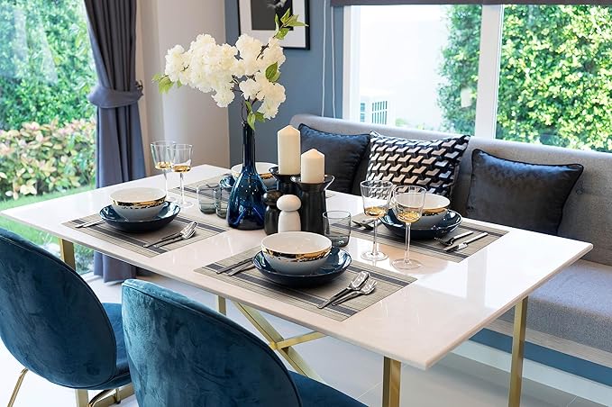 More Décor Dining Table Placemats, Washable Heat-Resistant PVC Vinyl Table Mats for Dining Room and Kitchen, Anti-Slip - Set of 4 - Horizontal Striped Blue - Grey