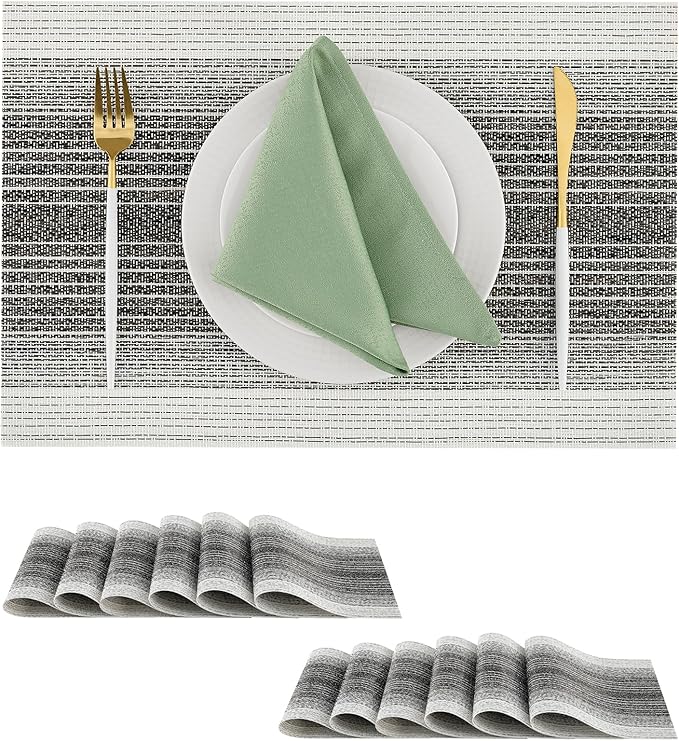 Leetaltree Black with White Woven Placemats Set of 12 - Heat Resistant Non-Slip Place mats for Dining Table, Washable Durable PVC Vinyl Woven Table Mats(Black with White, 12)