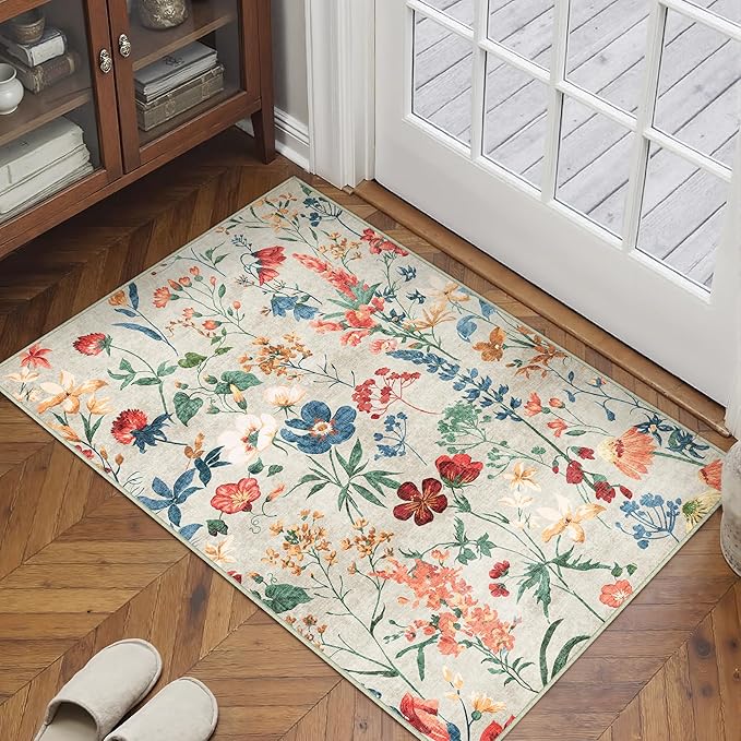 Beige Area Rug 2x3 Entryway Floral Boho Door Mat Indoor Washable Kitchen Carpet Non Slip Bedroom Lightweight Low Pile Accent Rug for Bathroom Living Room Office Dining Room