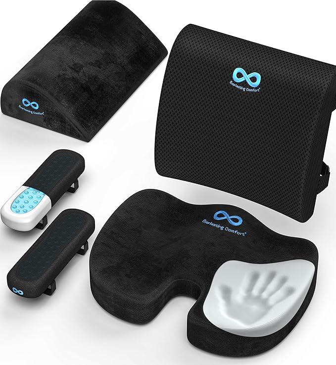 Everlasting Comfort Seat Cushion, Back Cushion, Foot Rest, Arm Rest Pads - Complete Office Setup - Memory Foam Chair Cushions for All-Day Comfort