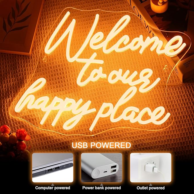 NOSUN WELCOME TO OUR HAPPY PLACE Neon Sign Happy Place Neon Signs for Wall Decor Dimmable Warm White LED Signs for Bedroom Classroom Man Cave Home Bar Birthday Party Game Zone Decor Neon Classroom Sign