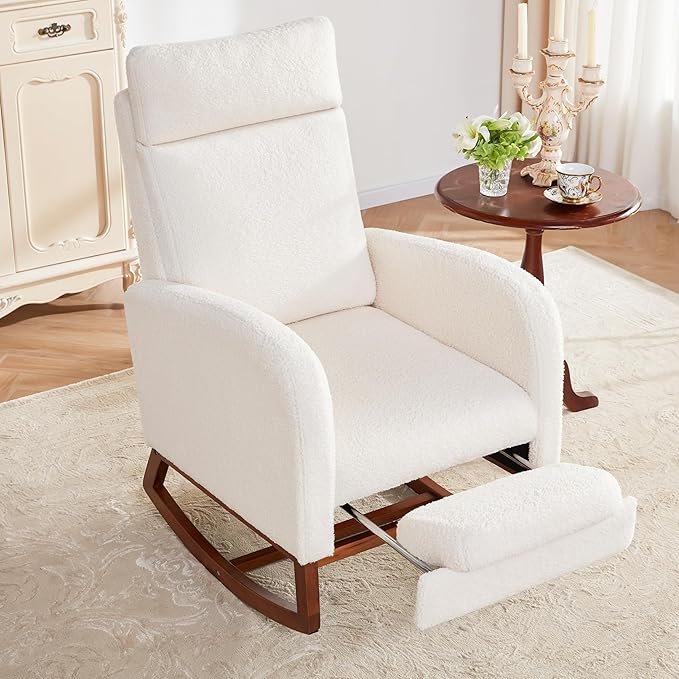 Rocking Chair Nursery Chair with Foot Rest, Nursery Rocking Chairs with High Back, Glider Rocking Chair with Pocket, Baby Nursery Glider Rocker, Nursing Chair Accent Living Room (Teddy, Ivory)