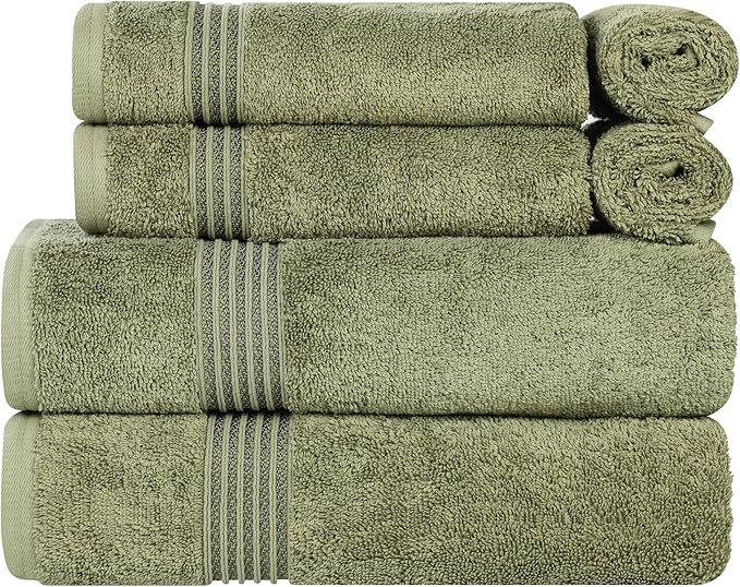 Superior Egyptian Cotton 6-Piece Towel Set, Assorted Towels, Home Bathroom, Master, Guest Bath, Decor Essentials, Includes 2 Bath, 2 Hand, 2 Face Towels/Washcloths, Quick Dry, Absorbent, Forest Green