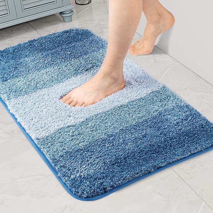 Walensee Non Slip Bath Mat (16 x 24, Ombre Blue) - Soft Microfiber Shaggy Mat, Machine Washable, Thick Plush for Shower