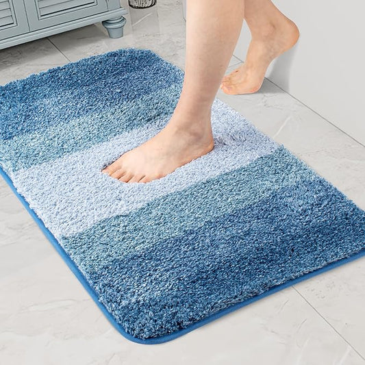 Walensee Non Slip Bath Mat (16 x 24, Ombre Blue) - Soft Microfiber Shaggy Mat, Machine Washable, Thick Plush for Shower