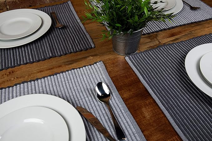 Sticky Toffee Woven Cotton Placemats Set of 4, Gray Ribbed 14 x 19 in, Washable Table Mats for Dining Table or Kitchen