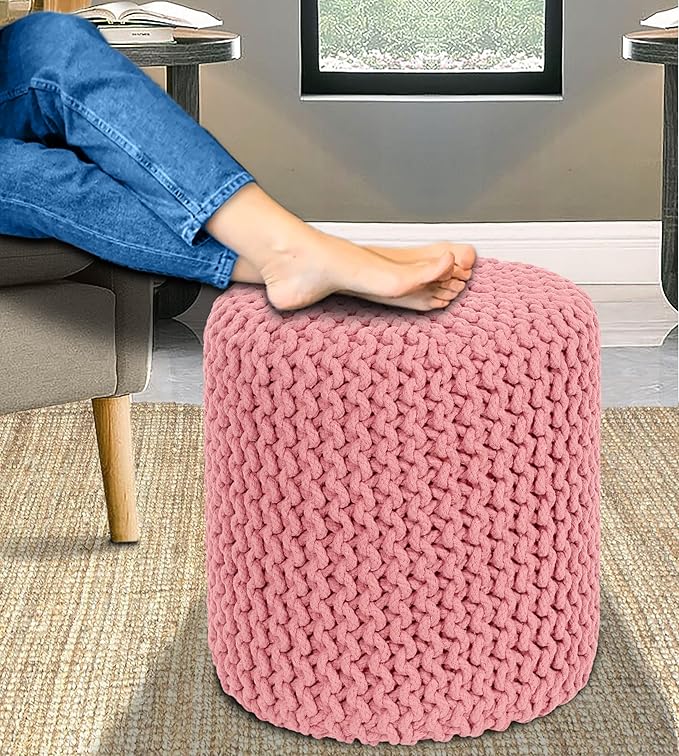 COTTON CRAFT Braided Round Pouf - Hand Knitted Cotton Cord Cable Dori Cylindrical Ottoman - Foot Stool - Floor Pouf - Footrest - Accent Seat - Living Room Bedroom Dorm Décor - 15 Round x 16 H - Pink