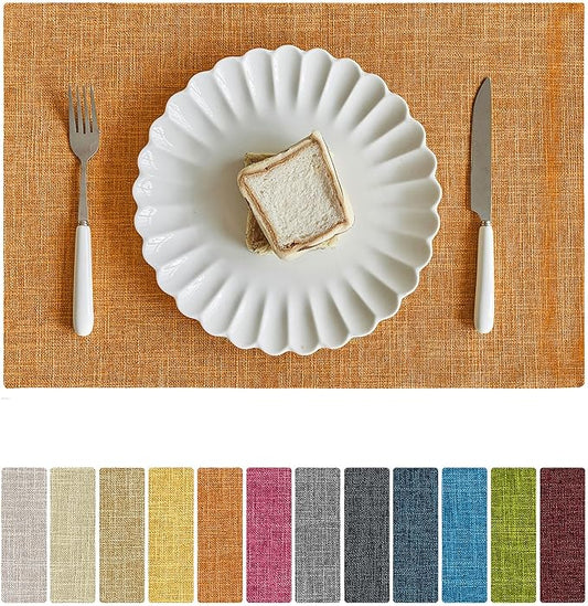 Softalker Faux Linen Placemats Set of 8-12 x 18 Inch, Heat Resistant Double Layered Durable Burlap Farmhouse Place Mats, Non-Slip Washable Rustic Table Mats for Dining, Kitchen, Party（Orange