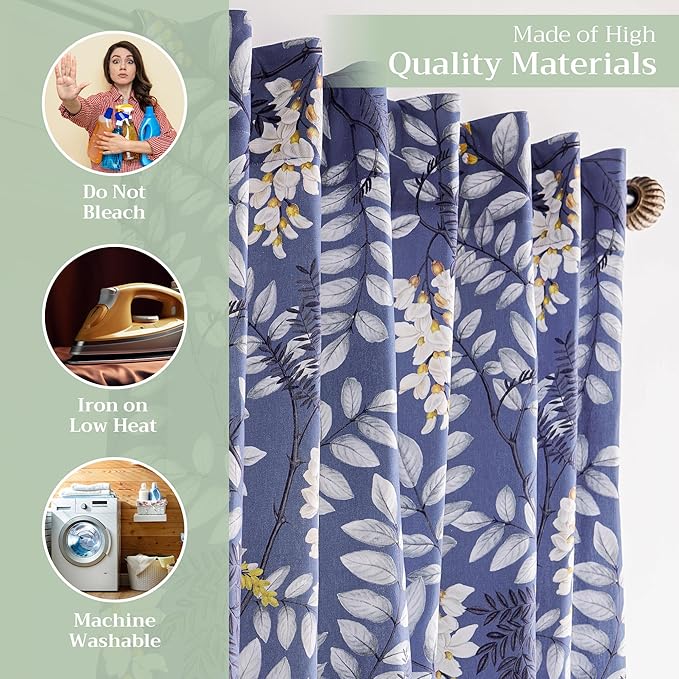 Maison d' Hermine Curtains for Living Room 100% Cotton 84 inch Length One Panel Light Filtering Curtains for Bedroom Windows with Rod and Loop Pockets Drapes (Feuillage Air Force Blue, 50" W x 84" L)