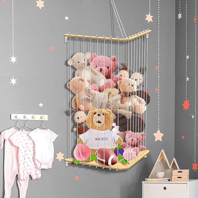 Stuffed Animal Storage Wood Corner Plush Toys Holder, 2-in-1 Splice and Length Adjustable Hanging Stuffed Animal Toy Organizer Shelf for Nursery Kid Room Play Room Bedroom (2PCS)