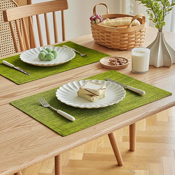 Softalker Faux Linen Placemats Set of 8-12 x 18 Inch, Heat Resistant Double Layered Durable Burlap Farmhouse Place Mats, Non-Slip Washable Rustic Table Mats for Dining, Kitchen, Party（Lime Green