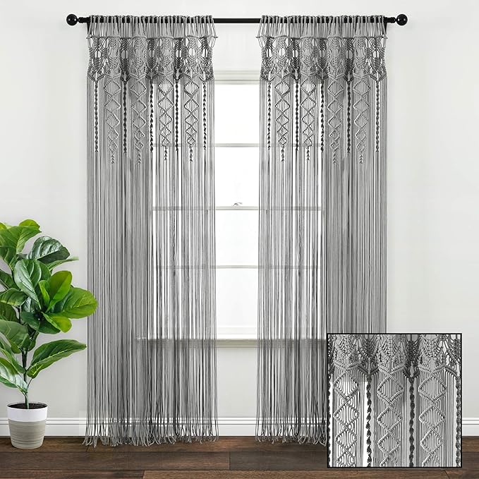 Lush Decor Boho, Textured Macrame Cotton Window Curtain Panel, 40" W x 84" L, Gray Wine Wall Decor, Room Divider