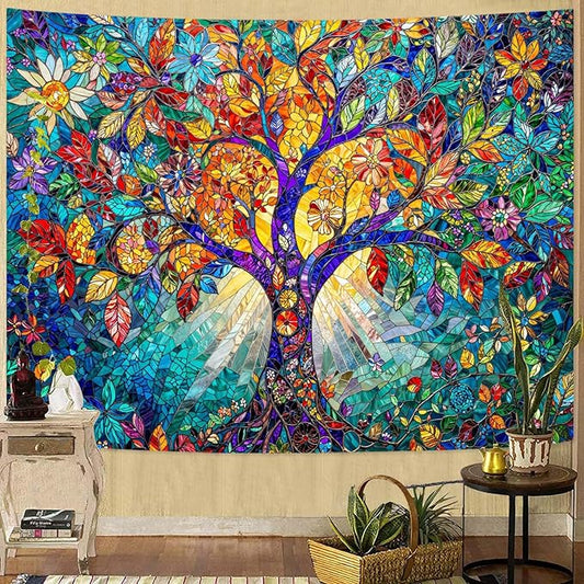 Lunerfex Tree of Life Tapestry Stained Glass Tapestry Wall Decor Tapestries for Bedroom Art Tapestries Wall Hanging for Bedroom Living Room Glass-Tree-02 70"x90"