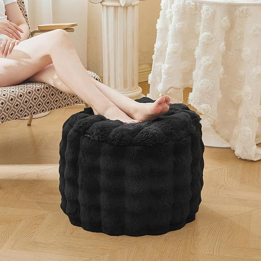 LIFEREVO Luxury Faux Rabbit Fur Round Inflatable Pouf Ottoman, 20 X 16 Fluffy Waffle Bubble Floor Poufs Foot Stool Rest Living Room Bedroom, Furry Pouf Ottoman Chair Seat Home Decor, Anti-Slip, Black