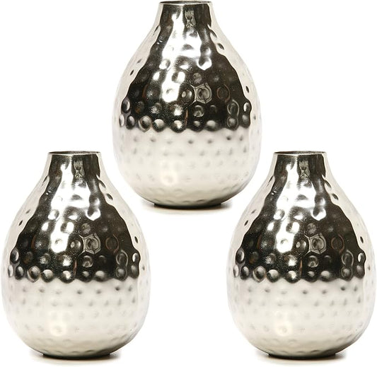 Hosley Set of 3 Metal Bud Vases - Your Choice of Colors. 4.5 Inch High. Ideal Accent Piece for Coffee and Side Tables as Well as Dried Floral Arrangements (1-Silver Finish)