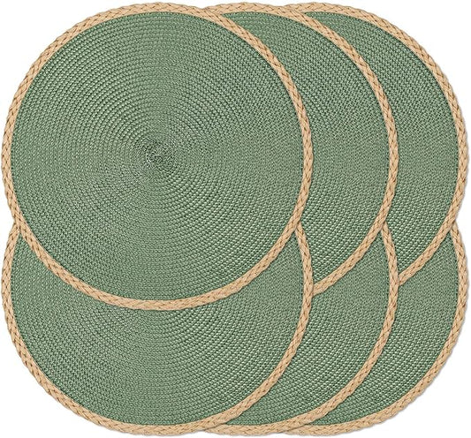 Noctiflorous Round Braided Placemats Set of 6 Table Mats 15 Inches Washable Heat Resistant for Dining Table Non-Slip Indoor Outdoor Place Mats for Thanksgiving Christmas Easter(Green Thin Edge 6)