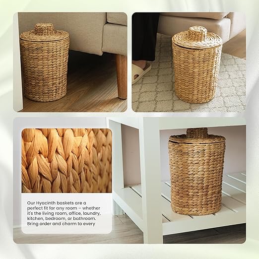 1.3 Gallons Wicker Waste Basket - Water Hyacinth Bathroom Garbage Can - Trash Can with Lid Boho Style - Wicker Trash Can with Lid for Household, Kitchen, Bedroom - Removable Liner, Iron Frame