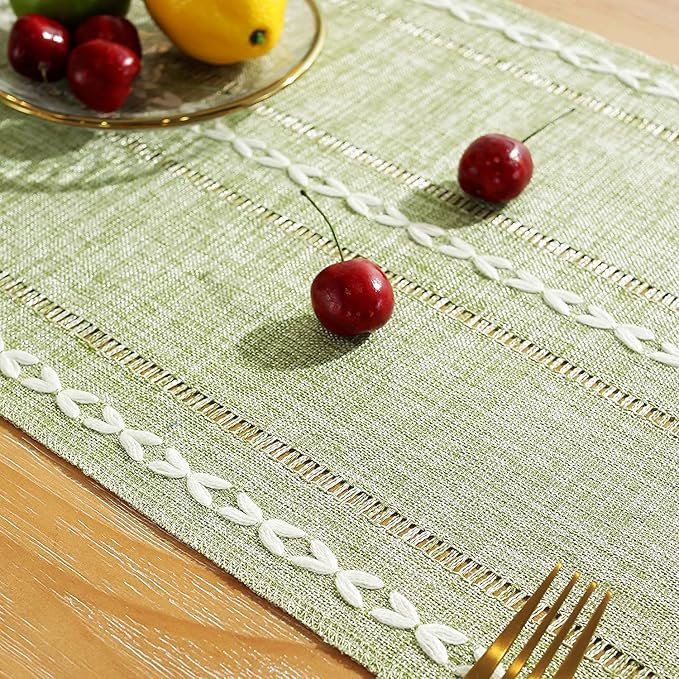 Chassic Rustic Farmhouse Style Linen Table Runner, Boho Handmade Tassel Embroidered Table Runners 72 Inches Long for Holiday Party, Christmas and Dining Decorations, 13 x 72 inch - Sage Green