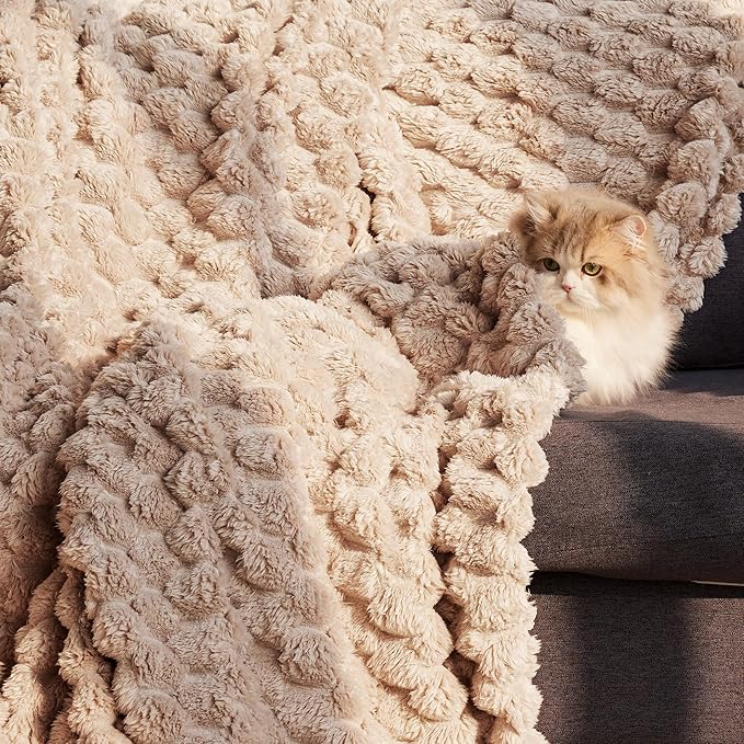 Whale Flotilla King Size Blanket for Bed with Jacquard Pattern, Fuzzy Soft Cozy Exquisite Blankets for All Season, Warm and Fluffy, 90x104 Inch, Camel