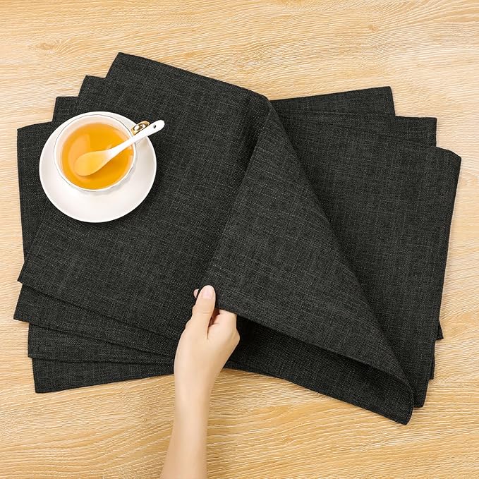 SHACOS Washable Woven Fabric Placemats Set of 6 Heat Resistant Place Mats Non Slip Thick Cloth Placemats Reversible Table Mats Indoor Outdoor Home Wedding Table Decor, Black