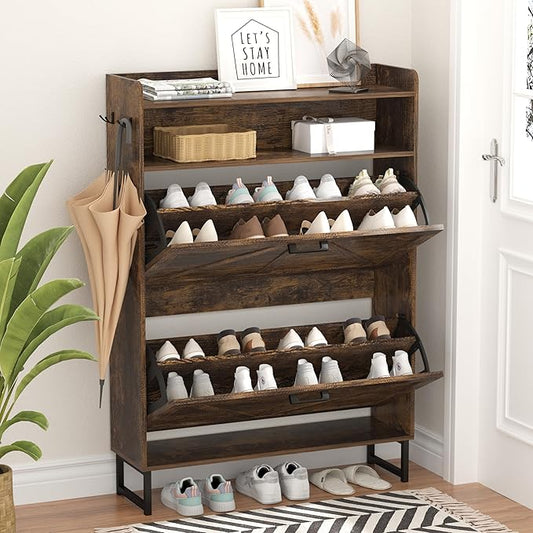 Shoe Cabinet with 2 Flip Drawers, Freestanding Hidden Shoe Storage Organizer for Entryway, Narrow Slim Shoe Rack Cabinet with Open Storage & Hooks for Front Door Entrance, Living Room, Hallway, Brown