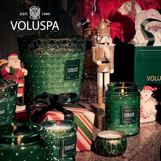 Voluspa Noble Fir Garland, Mini Tin Candle, 4 oz, 25 Hour Burn Time, Coconut Wax Candle for The Home, Handcrafted in The USA