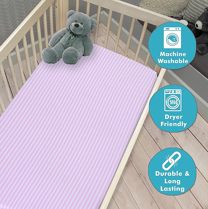 100% Cotton Jersey Knitted Standard Crib Sheets for Boys and Toddler, Soft and Breathable, Crib Sheets Girl Snug Fit, Machine Washable, Multiple Colors (P1, Pink Stripe,28"x52"x9")