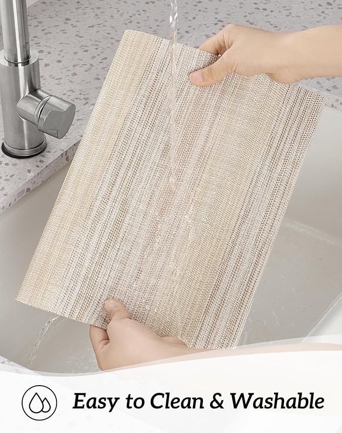 Leetaltree Lightsteel Beige with Yellow Placemats Set of 8 - Heat Resistant Non-Slip Place mats for Dining Table, Washable Durable PVC Vinyl Woven Table Mats (Lightsteel Beige with Yellow, 8)