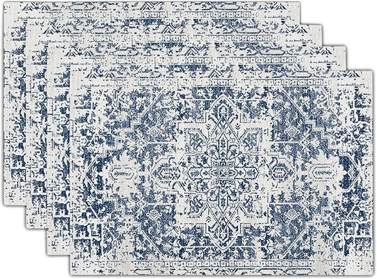 Navy Blue Gray Boho Placemats Set of 4 Ethnic Bohemian Carpet Place Mats Washable Kitchen Dining Vintage Grey Geography Floral Linen Table Mats Stain Heat-Resistant for Home Party Indoor 12x18 in