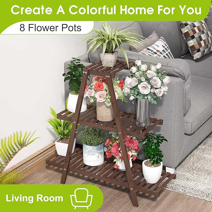 BMOSU Plant Stand Bamboo for Indoor Outdoor Tiered Plant Shelf 8 Potted Flower Holder Ladder Rack Garden Balcony Living Room Patio(3 Tier Brown)