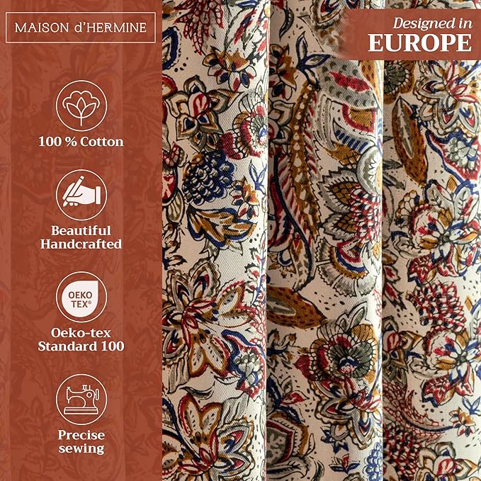 Maison d' Hermine Curtains for Living Room 100% Cotton 108 inch Length One Panel Light Filtering Curtains for Bedroom Windows with Rod and Loop Pockets Drapes (Jaipur, 50" W x 108" L)