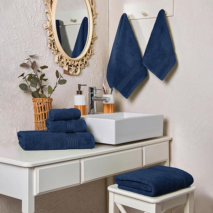 Elegant Comfort Premium Cotton 6-Piece Towel Set, Includes 2 Washcloths, 2 Hand Towels and 2 Bath Towels, 100% Turkish Cotton - Highly Absorbent and Super Soft Towels for Bathroom, Navy